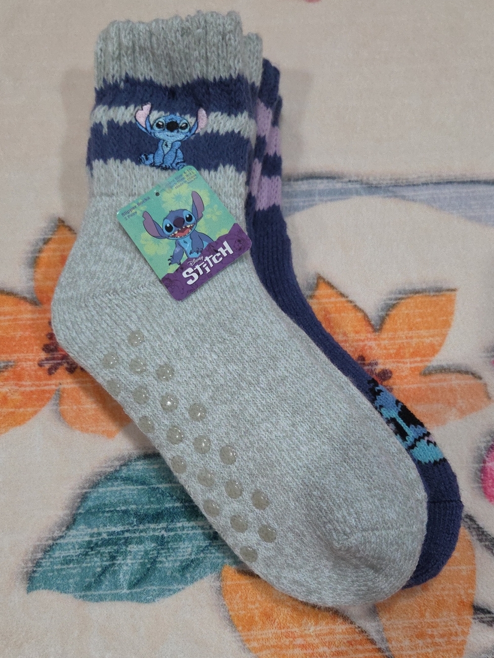 New Disney Stitch 2 pair fluffy gripper slipper socks